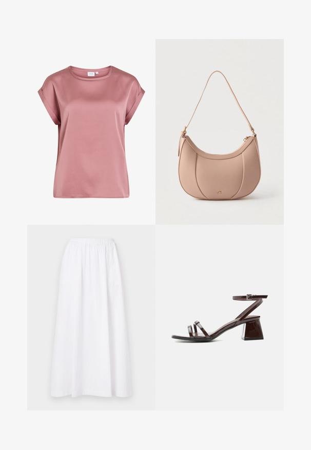 Blouse rose pâle à manches courtes avec poignets retroussés et encolure ronde, en tissu lisse et léger.; Jupe blanche, longueur genou, avec une taille élastique, présentant un design simple et un tissu léger, exhibant une texture lisse et unie.; Sandale en cuir verni marron foncé avec talon bloc, bride à la cheville avec boucle et deux fines lanières sur les orteils sur fond blanc.; Sac à main en cuir beige en forme de croissant avec une bandoulière unique, une fermeture éclair dorée et un petit logo doré sur le panneau central avant.