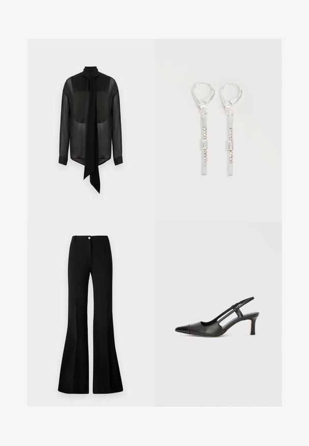 Zwarte chiffon blouse met lange strik, hoge kraag en lange mouwen. Transparante textuur met solide zwarte manchetten en afgeronde zoom.; Zwarte flare-pantalons gemaakt van een gladde stof, met een ritssluiting aan de voorkant, ceintuurlussen en een schone, geklede uitstraling.; Zwarte leren slingback schoen met een puntige neus, voorzien van een glanzend detail op de neuskap en een hak van gemiddelde hoogte. Open zijkant ontwerp.; Zilveren hangende oorbellen met rechthoekige en ronde heldere kristallen in een verticale lijn, bevestigd met leverback-sluitingen.