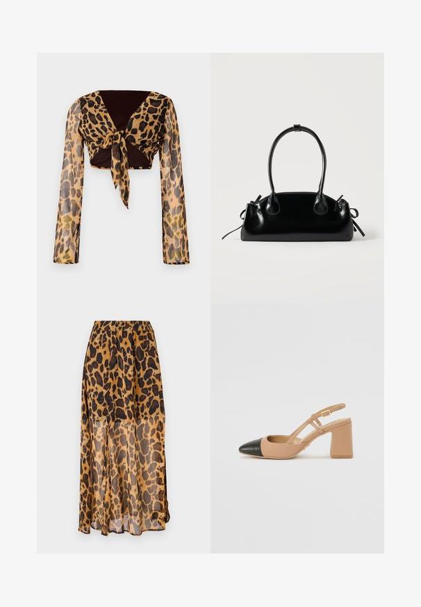 Leopardmønstret cropped top med lange gennemsigtige ærmer og en brun sløjfedetail ved taljen. Glat, letvægtsstof med en tætsiddende pasform.; Leopardtrykt nederdel lavet af let, gennemsigtigt stof. Har en elastisk talje og et flydende design med nuancer af brune og sorte pletter.; Beige slingback sko med en sort spids tå, en firkantet høj hæl og to remdetaljer, fremstillet af et glat materiale.; Lille sort blank håndtaske med to lange håndtag og snøre-detaljer i siden på en ensfarvet lys baggrund.