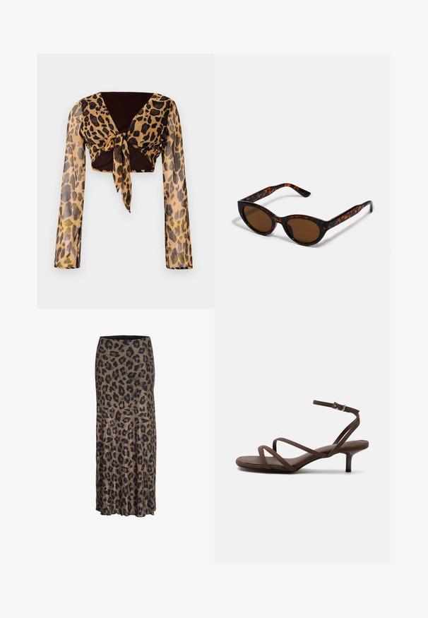 Korte leopardprint top met lange transparante mouwen en een bruine strikdetails op de taille. Glad, lichtgewicht stof met een getailleerd ontwerp.; Leopardprint rok in bruin en zwart, met een vloeiende vormgeving en een subtiele ruffle zoom, gemaakt van lichte, zachte stof.; Bruine sandaal met hoge hak, dunne gekruiste bandjes en een enkelbandje met een zilveren gesp op een witte achtergrond.; Bruine schildpad zonnebril met een vintage cat-eye vorm en bruine lenzen. Heeft gebogen armen met rode accenten.