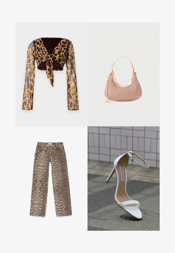 Leopardmønstret cropped top med lange gennemsigtige ærmer og en brun sløjfedetail ved taljen. Glat, letvægtsstof med en tætsiddende pasform.; Leopardskindede denimjeans med en neutral beige og brun farvepalet, lige ben-design og traditionelle lomme-detaljer.; Hvid højhælet sandal med ankelrem, spids snude, glat lædertekstur og en slank stiletthæl. "Steve Madden" mærke synligt.; Lille beige vævet håndtaske med en enkelt strop og detaljer i guldkæde, vist mod en ensfarvet lys baggrund.