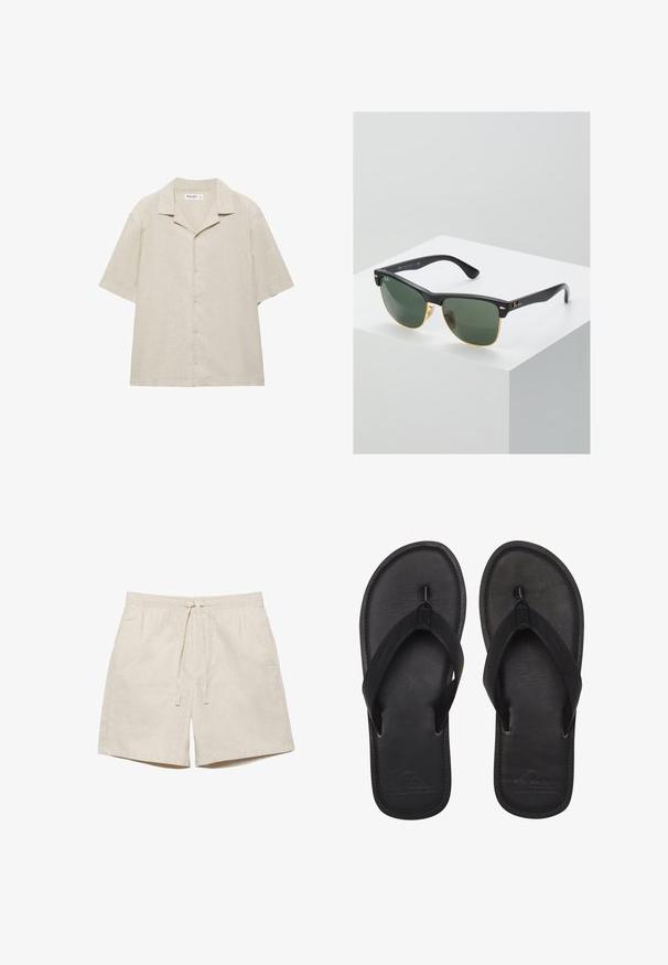 Beige overhemd met korte mouwen en knopen, voorzien van een campkraag, gemaakt van een lichtgewicht stof, plat weergegeven op een witte achtergrond.; Beige casual korte broek met elastische tailleband en trekkoord, knielengte, gemaakt van lichtgewicht stof.; Zwarte flip-flops gemaakt van glad materiaal, met een tanga-stijl band, een gestructureerde voetbed en een geperst logo op de zool.; Ray-Ban zonnebrillen met groene lenzen, zwarte plastic monturen en gouden accenten aan de randen. Vierkante vorm met een matte afwerking.