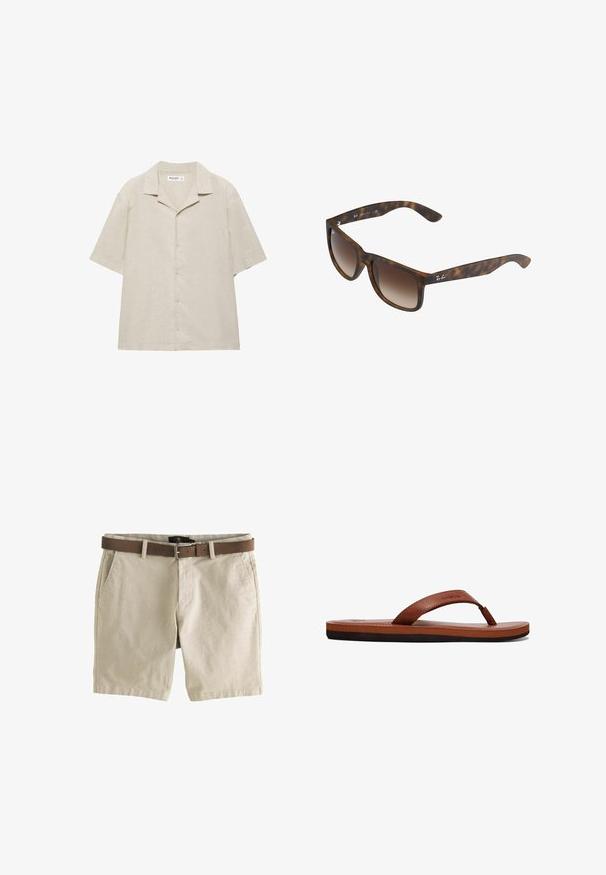 Beiges Kurzarm-Hemd mit Knopfleiste und Camp-Kragen, aus leichtem Stoff gefertigt, flach auf weißem Hintergrund ausgelegt.; Beige Baumwoll-Shorts mit geradem Schnitt, zwei frontalen Taschen und einem braunen Ledergürtel mit einer Metallschnalle. Sichtbares Detail aus strukturiertem Stoff.; Braune Lederflip-Flops mit einem strukturierten Riemen, einer gepolsterten Innensohle und einer schwarzen Gummisohle. Seitenansicht, die das schlanke Design hervorhebt.; Schildpatt-Sonnenbrille mit braunen Verlaufslinsen, rechteckiger Form, dicken Rahmen und einem silbernen Logo-Akzent an der Seite.