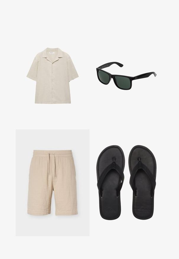 Beiges Kurzarm-Hemd mit Knopfleiste und Camp-Kragen, aus leichtem Stoff gefertigt, flach auf weißem Hintergrund ausgelegt.; Beige Baumwollmisch-Shorts mit elastischem Bund, verstellbarem Kordelzug, strukturiertem Stoff und knielangem Saum.; Schwarze Flip-Flops aus glattem Material, mit einem Riemen im Zehensteg-Stil, strukturiertem Fußbett und geprägtem Logo auf der Sohle.; Schwarze Plastiksonnenbrille mit grünen Gläsern, mit einem quadratischen Rahmen, glatter Oberfläche und dem auffälligen Ray-Ban Logo an den Bügeln.