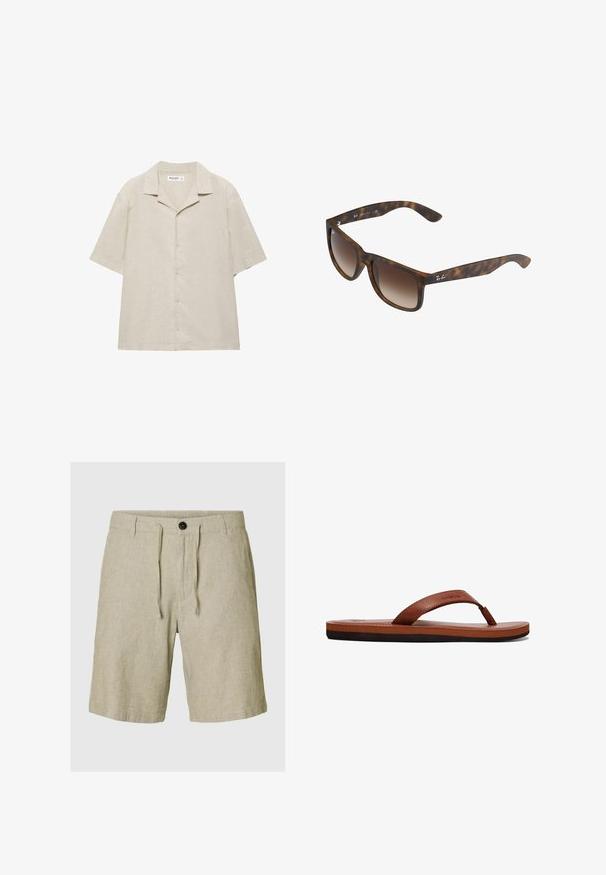 Beiges Kurzarm-Hemd mit Knopfleiste und Camp-Kragen, aus leichtem Stoff gefertigt, flach auf weißem Hintergrund ausgelegt.; Beige Leinenkurze mit verstellbarem Bund, Knopfverschluss und strukturiertem Stoff. Mit seitlichen Taschen und einem entspannten Schnitt.; Braune Lederflip-Flops mit einem strukturierten Riemen, einer gepolsterten Innensohle und einer schwarzen Gummisohle. Seitenansicht, die das schlanke Design hervorhebt.; Schildpatt-Sonnenbrille mit braunen Verlaufslinsen, rechteckiger Form, dicken Rahmen und einem silbernen Logo-Akzent an der Seite.