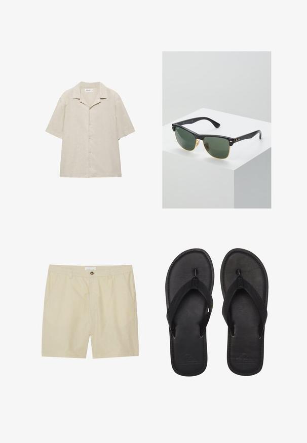 Chemise beige à manches courtes avec boutons et col campagnard, fabriquée en tissu léger, présentée à plat sur un fond blanc.; Shorts beiges en tissu léger, avec un devant plat, des poches latérales et une fermeture à un bouton à la taille.; Tongs noires en matériau lisse, avec une sangle de style entre-doigts, un semelle texturée, et un logo en relief sur la semelle.; Lunettes de soleil Ray-Ban avec des verres verts, monture en plastique noir et accents dorés sur les bords. Forme carrée avec une finition mate.