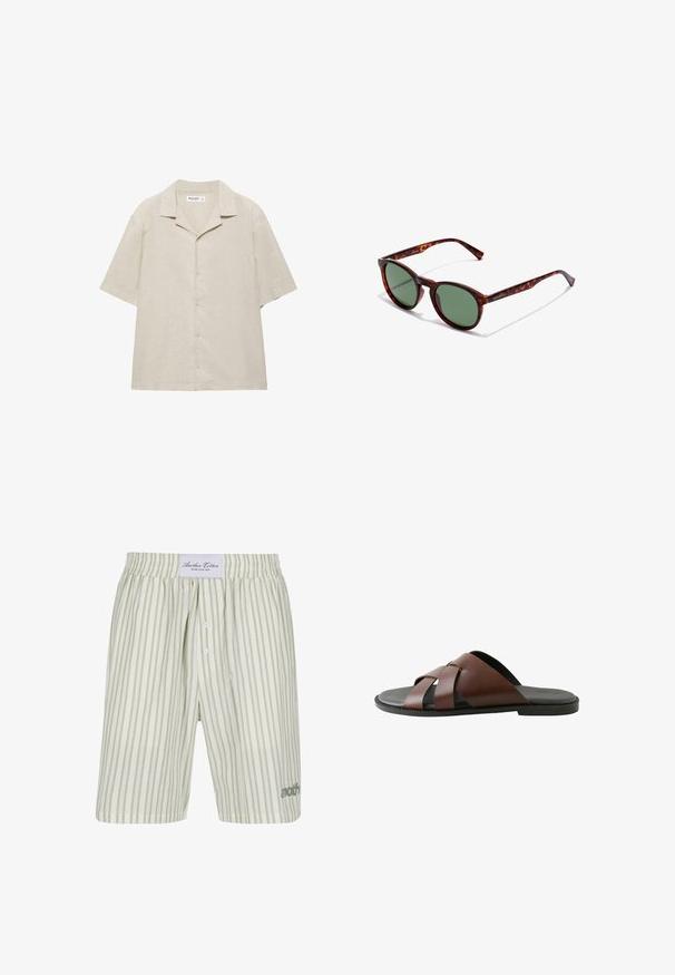 Beige kortærmet skjorte med knapper og camp-krave, lavet af et let stof, vist fladt på en hvid baggrund.; Lysegrønne stribede bomuldsboksershorts med snor i livet, frontknapper og subtilt logo på nederste venstre side.; Herrebrun lædersandal med krydsede remme og sort sål, vist i profil mod hvid baggrund.; Brune skildpaddedesign solbriller med runde rammer, grønne linser og mønstrede tempelarme. Har brandlogo på en arm.