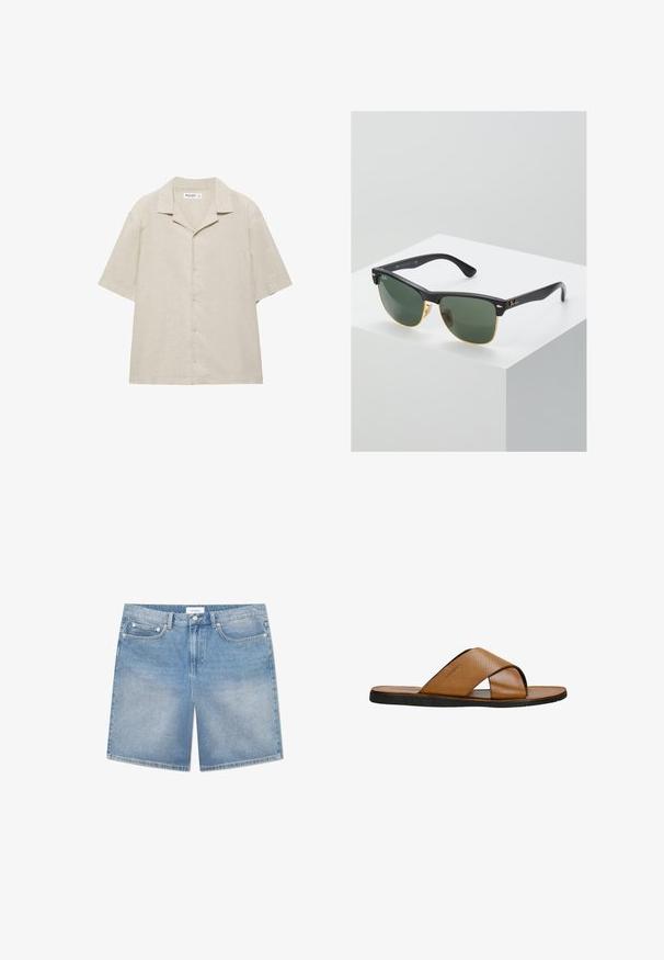 Beige kortærmet skjorte med knapper og camp-krave, lavet af et let stof, vist fladt på en hvid baggrund.; Lysblå denimshorts med lige snit, fem lommer, let slidtage og en mærkebetegnelse på waistbandet. Bomuldsstof med klassisk syning.; Brune læderslidesandal med perforeret tværremdesign, flad sort gummisål og glat inderside.; Ray-Ban solbriller med grønne linser, sorte plastikstel og gyldne detaljer ved kanterne. Firkantet form med mat finish.