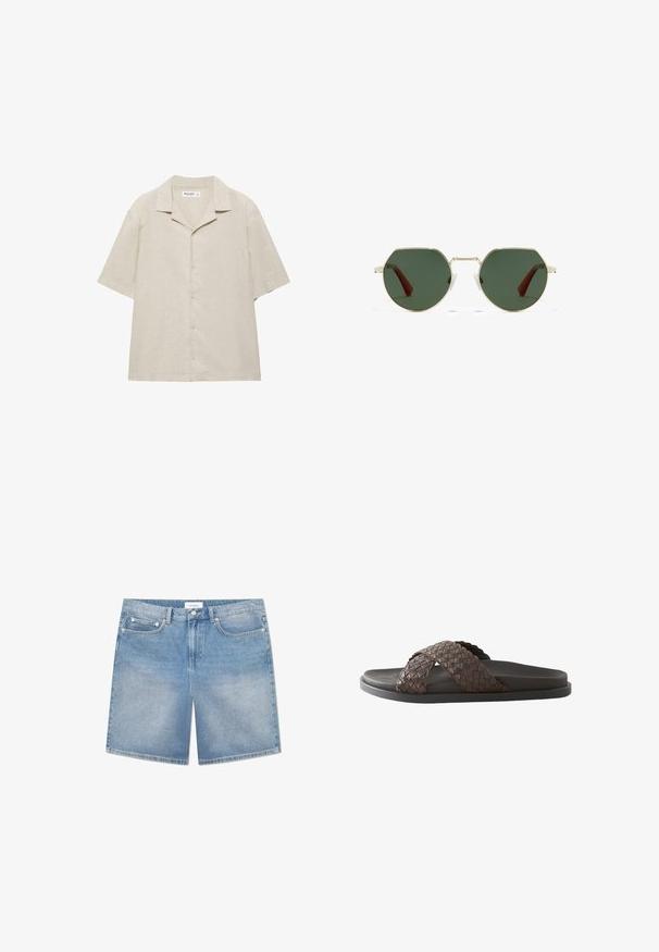 Beiges Kurzarm-Hemd mit Knopfleiste und Camp-Kragen, aus leichtem Stoff gefertigt, flach auf weißem Hintergrund ausgelegt.; Hellblau Damen-Denim-Shorts mit geradem Schnitt, fünf Taschen, subtiler Ausbleichung und einem markierten Bundetikett. Aus Baumwollmaterial mit klassischer Naht.; Dunkelbraune Herrensandale mit gewebten, gekreuzten Lederriemen und schwarzer Sohle auf weißem Hintergrund.; Okulare mit grün getönten Gläsern in achteckiger Form, dünnem goldfarbenem Metallgestell und transparenten Nasenpads. Die Bügel sind dezent braun akzentuiert.