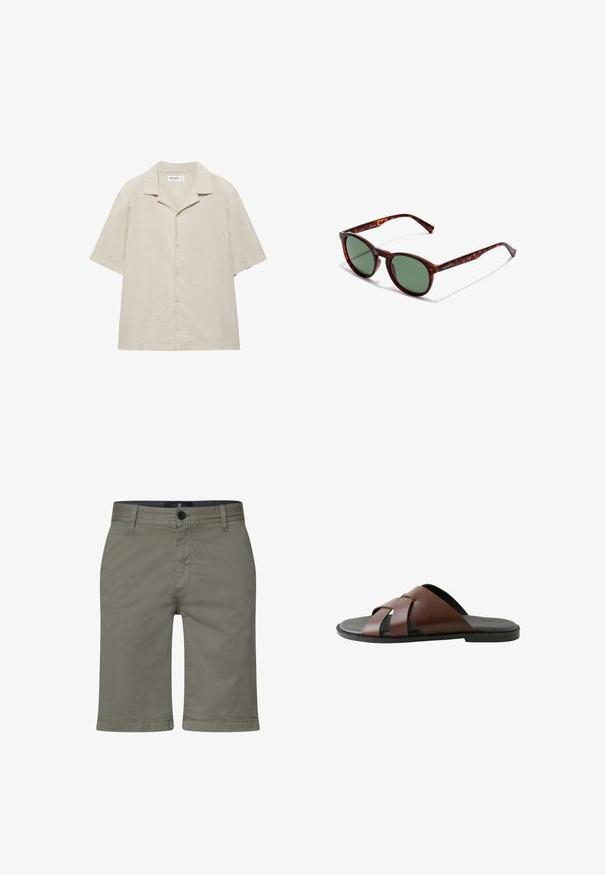 Beige kortærmet skjorte med knapper og camp-krave, lavet af et let stof, vist fladt på en hvid baggrund.; Khaki shorts lavet af en blød bomuldsblanding, med lynlås og knaplukning samt forlommer. Lige ben-design, knælængde pasform.; Herrebrun lædersandal med krydsede remme og sort sål, vist i profil mod hvid baggrund.; Brune skildpaddedesign solbriller med runde rammer, grønne linser og mønstrede tempelarme. Har brandlogo på en arm.