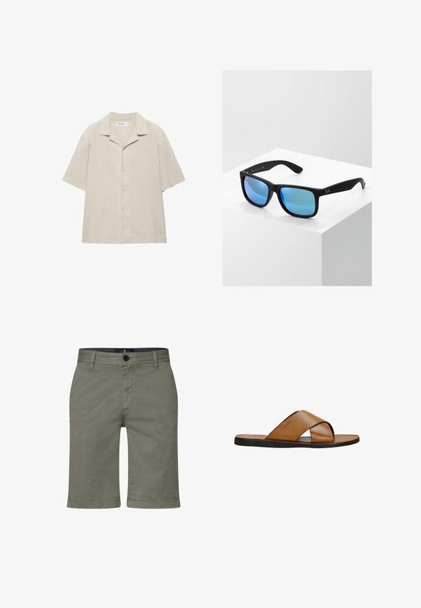 Beige overhemd met korte mouwen en knopen, voorzien van een campkraag, gemaakt van een lichtgewicht stof, plat weergegeven op een witte achtergrond.; Khaki shorts van een gladde katoenmix, met een rits, knoopsluiting en voorzakken. Rechtestraat ontwerp, knielange pasvorm.; Bruine leren slip-on sandaal met een perforerend kruisbandontwerp, vlakke zwarte rubberen zool en een gladde binnenvoering.; Zwarte rechte zonnebril met blauwe spiegelglazen. Heeft een matte afwerking en het Ray-Ban logo op de pootjes.