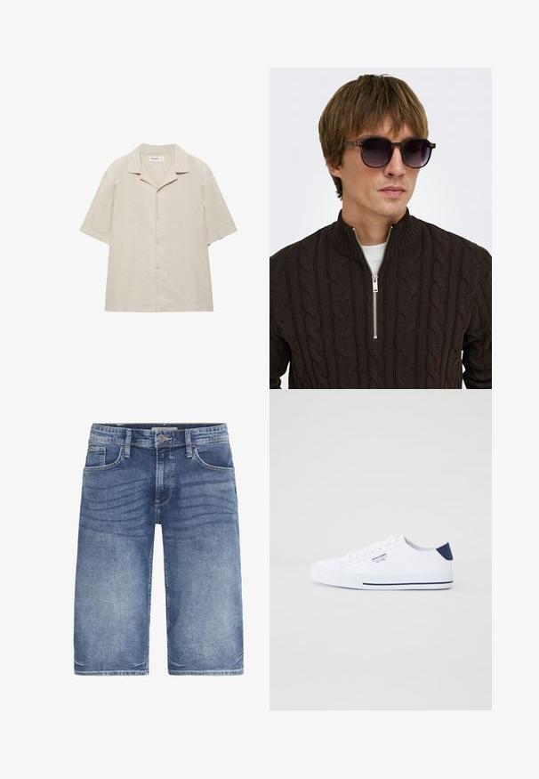 Chemise beige à manches courtes avec boutons et col campagnard, fabriquée en tissu léger, présentée à plat sur un fond blanc.; Shorts en denim bleu clair, avec une coupe classique, cinq poches, fermeture à bouton et un léger dégradé sur le tissu pour une texture.; Baskets en toile blanches avec un accent de talon marine, semelle en caoutchouc plate, bout rond et lacets blancs. Présente un logo sur le côté.; Homme portant des lunettes de soleil rondes foncées et un pull en maille torsadée noir avec un col à demi-fermeture éclair par-dessus une chemise blanche.