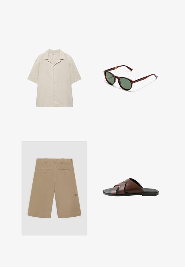 Beige kortærmet skjorte med knapper og camp-krave, lavet af et let stof, vist fladt på en hvid baggrund.; Lysbrune shorts med flad front, to baglommer og en side cargo-lomme. Fremstillet af glat bomuldsstof.; Herrebrun lædersandal med krydsede remme og sort sål, vist i profil mod hvid baggrund.; Brune skildpaddedesign solbriller med runde rammer, grønne linser og mønstrede tempelarme. Har brandlogo på en arm.