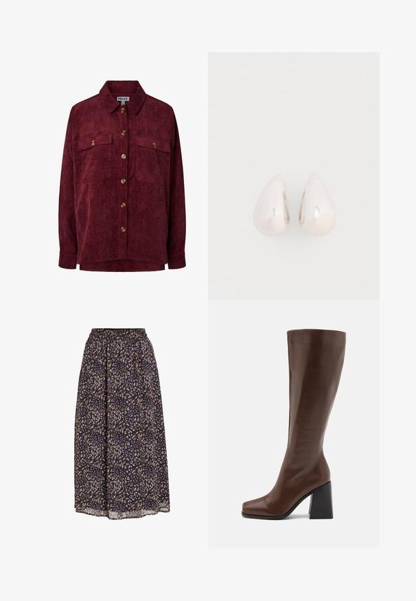 Chemise boutonnée en velours côtelé de couleur bordeaux foncé, manches longues, deux poches à rabat sur la poitrine et boutons marron sur le devant.; Jupe midi avec taille élastique, coupe ample et motif abstrait marron, beige et bleu marine.; RAID RENZO - Bottes - brown; Boucles d'oreilles en métal argenté en forme de goutte, avec une surface lisse et réfléchissante, présentant un design sans couture et sans embellissements visibles.