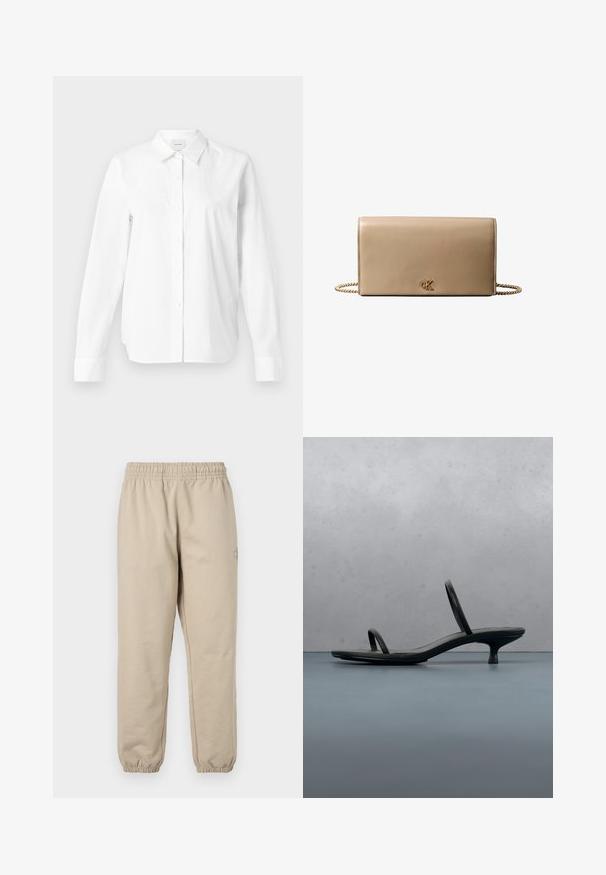 Hvid skjorte med knapper lavet af bomuld. Har en klassisk krave, lange ærmer og en afslappet pasform. Ingen synlige mønstre eller accenter.; Beige sweats med elastisk talje og manchetter. Blødt bomuldsmateriale, lige ben-design, med et lille broderet logo på siden.; Sort Calvin Klein sandal med hæl og tynde stropper, balancerende på træfliser udendørs nær en væg og grønne planter.; Beige læderclutch med guldkæde som skulderrem og lille guld "cK"-logo centreret på frontklappen.