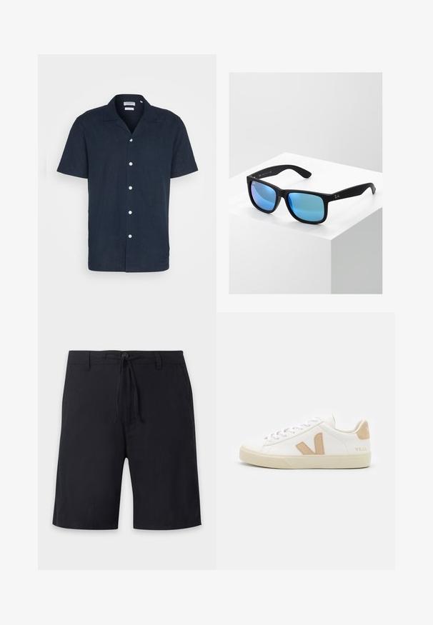 Korte mouwen, marineblauwe button-up shirt van een lichtgewicht stof, met een kraag, zes witte knopen en een ontspannen pasvorm.; Zwarte knielange shorts met riemlussen, een knoopsluiting en een verstelbaar trekkoord in de taille.; Witte sneakers met beige accenten, gemaakt van glad leer, ronde neus, platte rubberen zool en vetersluiting met een logo op de hiel.; Zwarte rechte zonnebril met blauwe spiegelglazen. Heeft een matte afwerking en het Ray-Ban logo op de pootjes.