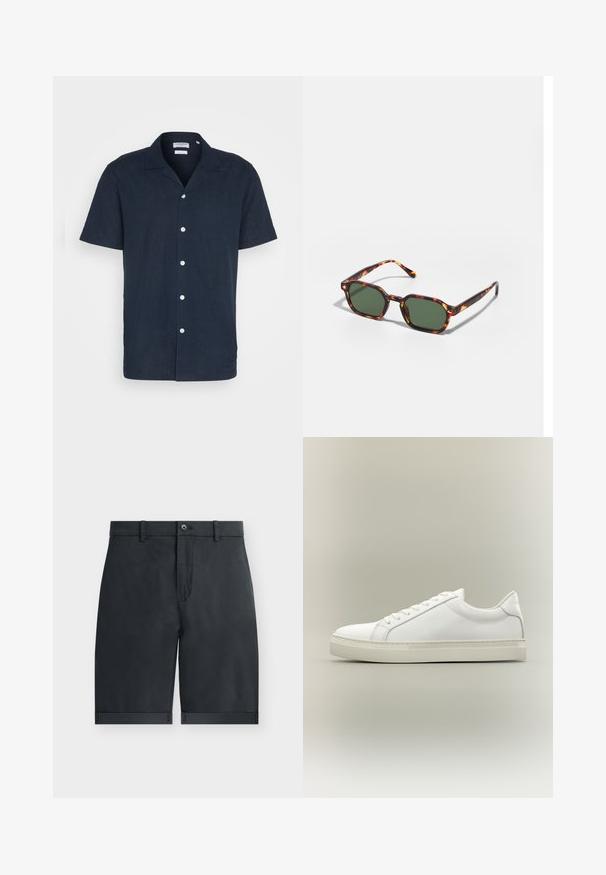 Kurzärmliges Marineblaues Hemd mit Knöpfen aus leichtem Stoff, mit Kragen, sechs weißen Knöpfen und einem entspannten Schnitt.; Schwarze knielange Shorts mit umgeschlagenen Säumen, Knopfverschluss, Gürtelschlaufen und flachem Vorderdesign auf einfachem weißem Hintergrund.; Weißer Sneaker mit niedrigem Schaft, vorn mit Schnürung und dicker Sohle, aus der Seitenansicht vor neutralem Hintergrund.; Schildpatt-Sonnenbrille mit grünen Gläsern, in einer achteckigen Form und schlanken, gebogenen Bügeln. Das Material hat eine glänzende Oberfläche.