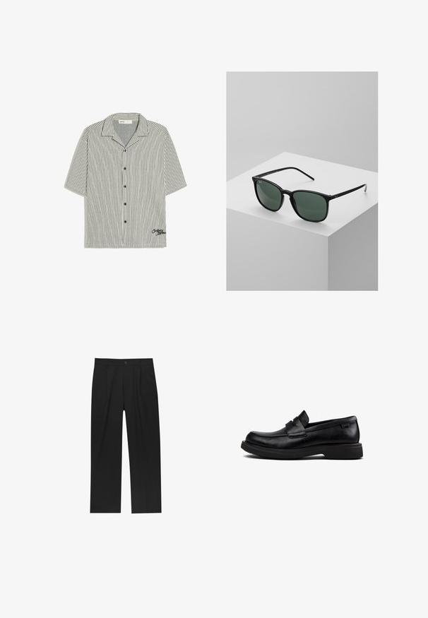 Chemise à manches courtes boutonnée avec des rayures verticales noires et un petit détail brodé près de l'ourlet sur fond blanc.; Pantalons noirs au design droit, fabriqués à partir d'un tissu lisse. Dotés de plis sur le devant et d'une fermeture à un bouton à la taille.; Mocassins noirs en cuir à enfiler avec un bout arrondi, semelle basse et une bande décorative sur le dessus.; Lunettes de soleil rectangulaires noires avec des verres vert foncé, dotées d'une monture en plastique léger et d'accents argentés sur les branches.