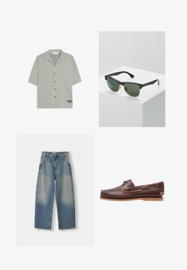 Kurzärmliges Hemd mit schwarzen vertikalen Streifen und einem kleinen gestickten Detail nahe dem Saum auf weißem Hintergrund.; Hellblaue Denim-Jeans im weit geschnittenen Stil mit einem ausgewaschenen Finish, Fünf-Taschen-Design und rohem Saum. Mit einem Knopf- und Reißverschluss vorne.; Brauner Leder-Bootsschuh mit weißen Nähten, Schnürdetails und hellbrauner Gummisohle, seitlich auf weißem Hintergrund gezeigt.; Ray-Ban Sonnenbrillen mit grünen Gläsern, schwarzen Kunststoffrahmen und goldenen Akzenten an den Rändern. Quadratische Form mit matter Oberfläche.