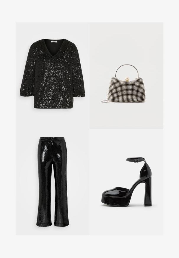 Sort pailletetop med V-hals, løs pasform og trekvartærmer. Har en struktureret overflade med glitrende pailletter over det hele.; Samsøe Samsøe AGNETA TROUSERS - Bukser - black; Sorte patentlæder platform hæle med ankelrem, rund tå og blokhæl, der viser en glat, skinnende overflade.; Lille håndtaske med sølv gittermønster, buet håndtag, stor perle lukning og en tynd sølvkæde strop på en ensfarvet baggrund.