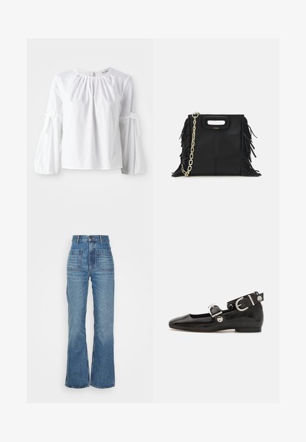 Witte langeklassige top van katoen, met een ronde halslijn, subtiele plooien en gestrikte manchetten voor een gestructureerde vorm en textuur.; Hoge taille blauwe denim jeans met een uitlopende pijp, twee voorkezen en twee achterzakken; gestructureerde stof met een vervaagde wassing.; Zwarte gepatineerde leren platte schoen met een vierkante neus, enkelband met zilverkleurige hardware en platte zool. Gladde textuur met minimalistisch ontwerp.; Zwarte leren handtas met franjes, gouden schouderband van schakels en een uitsnijding in de handgreep. Heeft het logo prominent aan de voorkant.