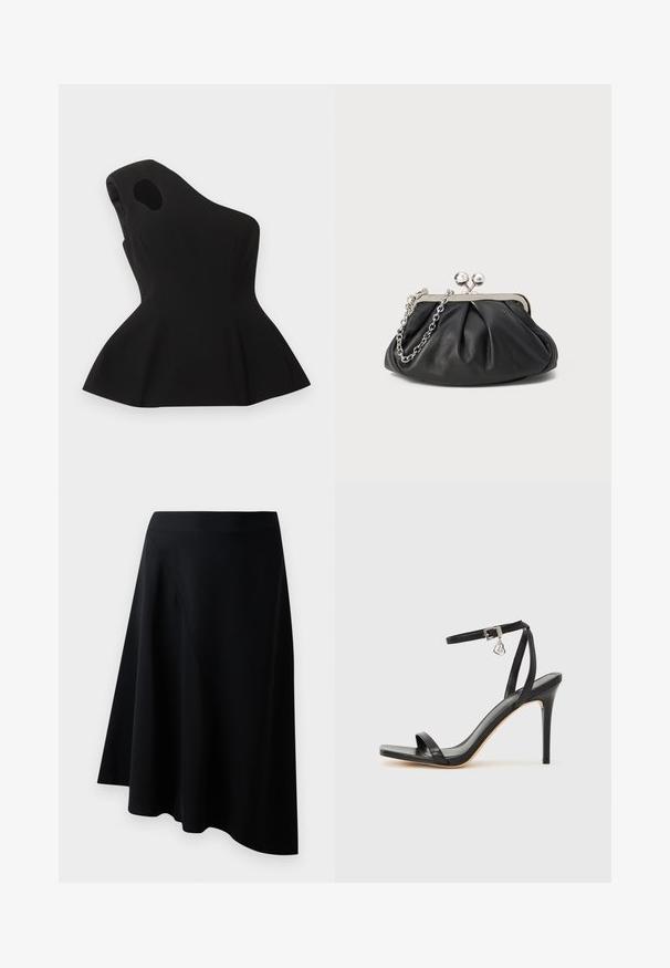 Haut noir asymétrique sans manches avec une découpe près de l'épaule et un ourlet évasé en bas de style péplum, posé à plat sur un fond clair.; Jupe noire en forme de A en matériau lisse, dotée d'un détail de couture diagonale et d'un design fluide qui tombe légèrement au niveau de l'ourlet.; Sandale à talon haut noire avec une bride étroite à la cheville, bout carré, cuir lisse et accent de boucle métallique.; Porte-monnaie en cuir noir avec texture froncée, cadre en métal argenté, fermeture à verrouillage kiss-lock et bandoulière en chaîne. Surface lisse et douce.