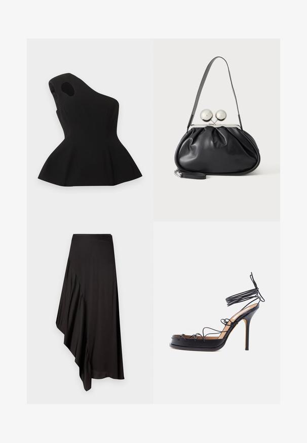 Mustas ebaühtlane varrukateta top, millel on õla lähedal lõige ja väljavenitatud peplum-ääreosa, asetatud lahtilagunenuna helele taustale.; AERON ASTER SKIRT - Pliiatsseelik - black; Must ülikõrge kontsaga sandaal, millel on õhukesed nahast rihmad, mis mähivad ümber jala ja pahkluude, ning terav stiletokontsa kuju.; Mustast nahast käekott kogutud disainiga, ühe rihmaga, hõbedase metallraamiga ja kahe suure ümmarguse hõbedase klambriga.