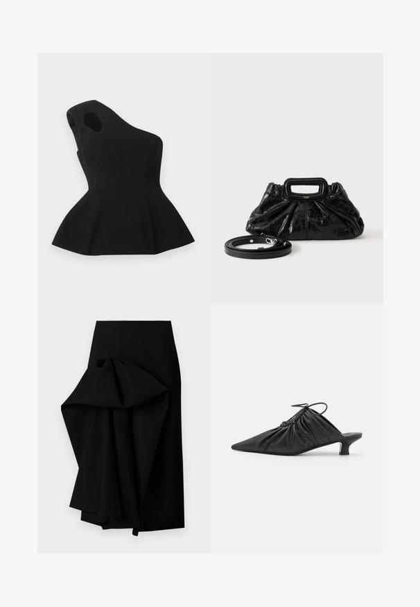Haut noir asymétrique sans manches avec une découpe près de l'épaule et un ourlet évasé en bas de style péplum, posé à plat sur un fond clair.; Jupe noire en tissu lisse, présentant un design drapé surdimensionné d'un côté, formant un ourlet asymétrique.; Mules noirs en cuir à enfiler avec un bout pointu, une texture froncée et un petit talon aiguille. Présente un détail à cordon au niveau de l'ouverture.; Petit sac à main en cuir noir avec texture froncée, poignée rectangulaire et fine bandoulière amovible placée à côté.