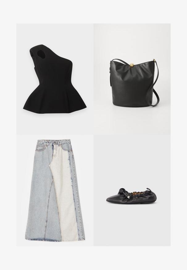 Haut noir asymétrique sans manches avec une découpe près de l'épaule et un ourlet évasé en bas de style péplum, posé à plat sur un fond clair.; Jupe en denim avec un motif patchwork composé de sections bleues clair et moyen, ourlets effilochés et taille haute. Style classique à cinq poches.; Ballerine plate en cuir noir froncé avec bout pointu et petite décoration triangulaire métallique sur le côté, semelle plate.; Sac à main en cuir noir au design décontracté, avec des accessoires en métal doré et une seule sangle réglable. Texture lisse et bord supérieur arrondi.