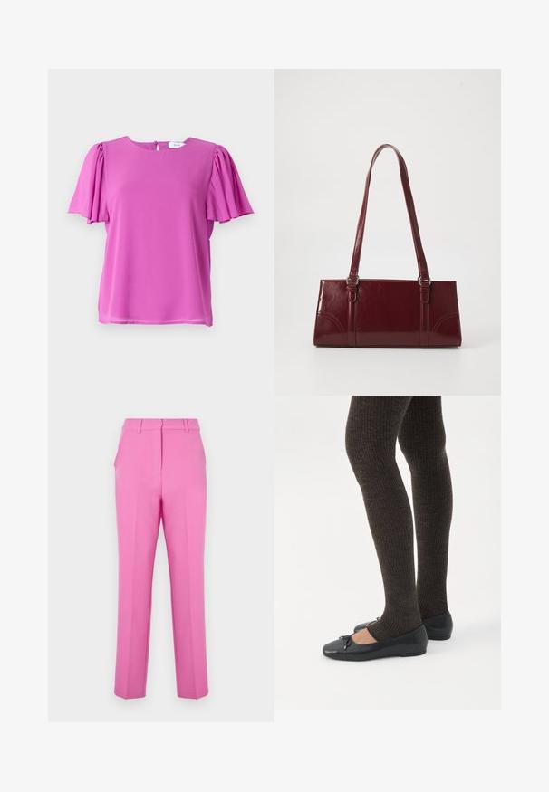 Haut rose à manches courtes avec un col rond et des détails de manches plissées, fabriqué en tissu léger. Fermeture par bouton au dos.; Pantalons tailleur roses avec une texture lisse, devant plat et poches latérales. Présentent une coupe droite et des passants de ceinture.; Jambes portant des leggings côtelés foncés associés à des ballerines noires avec de petits détails en nœud sur fond blanc.; Sac à main bordeaux en matériau brillant, de forme rectangulaire, avec deux anses et des accents légèrement courbés à l'avant.