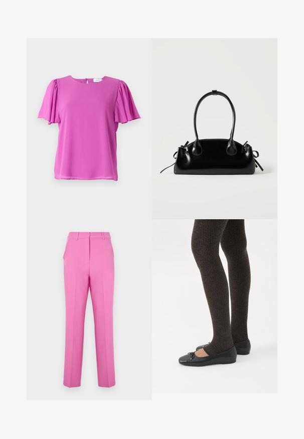 Haut rose à manches courtes avec un col rond et des détails de manches plissées, fabriqué en tissu léger. Fermeture par bouton au dos.; Pantalons tailleur roses avec une texture lisse, devant plat et poches latérales. Présentent une coupe droite et des passants de ceinture.; Jambes portant des leggings côtelés foncés associés à des ballerines noires avec de petits détails en nœud sur fond blanc.; Petit sac à main noir brillant avec deux longues anses et des détails à cordon sur les côtés sur un fond clair uni.
