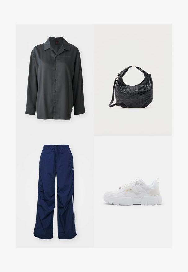 Schwarzes Langarmhemd, glattes Material, durchgängige Knopfleiste, spitzes Kragen, dezente "AIR JORDAN" Stickerei auf der Brust, lässige Passform.; Navyblaue, leichte Hosen mit elastischem Bund und Kordelzug, versehen mit weißen Seitenstreifen und einem kleinen Logo vorne. Locker geschnittenes Design.; Weiße Sneakers mit chunky Design, gefertigt aus Leder und synthetischen Materialien, mit strukturierten Details, Schnürsenkeln und einem auffälligen Logo in Gold.; Schwarze gewebte Lederhandtasche mit kurzem Griff und abnehmbarem Schulterriemen, präsentiert vor einem schlichten hellen Hintergrund.