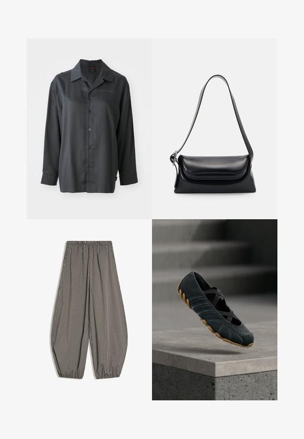 Chemise noire à manches longues, en tissu lisse, avec un bouton sur le devant, col pointu, broderie discrète "AIR JORDAN" sur la poitrine, coupe décontractée.; Pantalon ample avec taille et poignets élastiques, présentant un petit motif à carreaux marron et blanc.; Chaussure noire à enfiler avec des brides élastiques croisées et une semelle texturée beige, flottant au-dessus d'un rebord en béton avec un escalier flou en arrière-plan.; Sac à main en cuir noir avec une forme structurée, une texture lisse et une seule bandoulière. Présente un design de rabat arrondi et subtil.