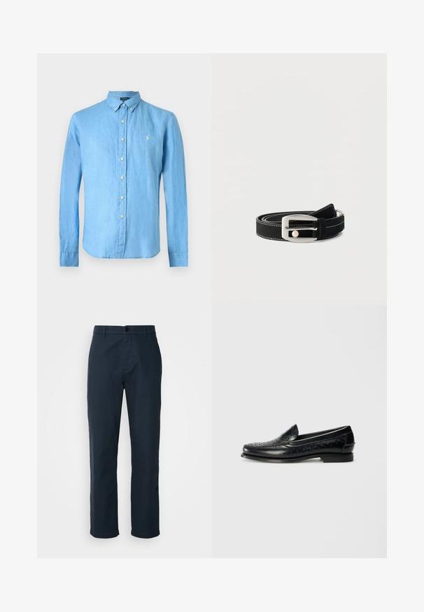 Vaaleansininen pitkähihainen napitettava kauluspaita, jonka vasemmassa rinnassa on pieni valkoinen kirjailtu logo.; Navy blue chinos valmistettu puuvillakankaasta, joissa on suora lahje, nappisuljenta ja sivutaskut käytännöllisyyttä varten.; Hereu MANGRA - Loaferit/pistokkaat - black; Musta nahkavyö valkoisilla ompeleilla, rullattu, jossa hopeanvärinen suorakulmainen solki ja pieni pyöreä helmiyksityiskohta.