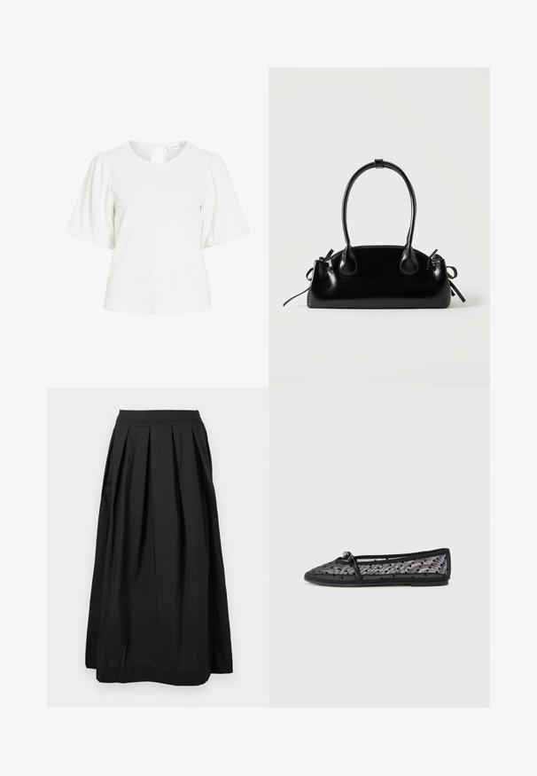 Blouse blanche en tissu texturé, encolure ronde, manches courtes bouffantes et petite fermeture à bouton en forme de goutte d’eau au dos.; Jupe midi plissée noire à taille haute avec une ceinture ajustée et une silhouette en A sur fond blanc.; Ballerine noire en mesh avec un motif à pois. Comprend une sangle fine et un bout rond. Semelle douce et design flexible.; Petit sac à main noir brillant avec deux longues anses et des détails à cordon sur les côtés sur un fond clair uni.