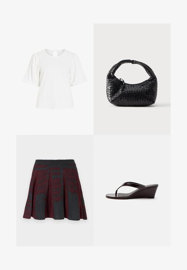Blouse blanche en tissu texturé, encolure ronde, manches courtes bouffantes et petite fermeture à bouton en forme de goutte d’eau au dos.; Jupe mini plissée en tricot avec un motif abstrait maroon et gris foncé et une taille côtelée.; Sandale compensée en cuir verni marron avec bride entre les orteils et bout ouvert, vue de profil sur un fond uni.; Sac à main noir tissé de forme arrondie, finition texturée et poignée incurvée. Présente un logo discret en accent sur le devant.