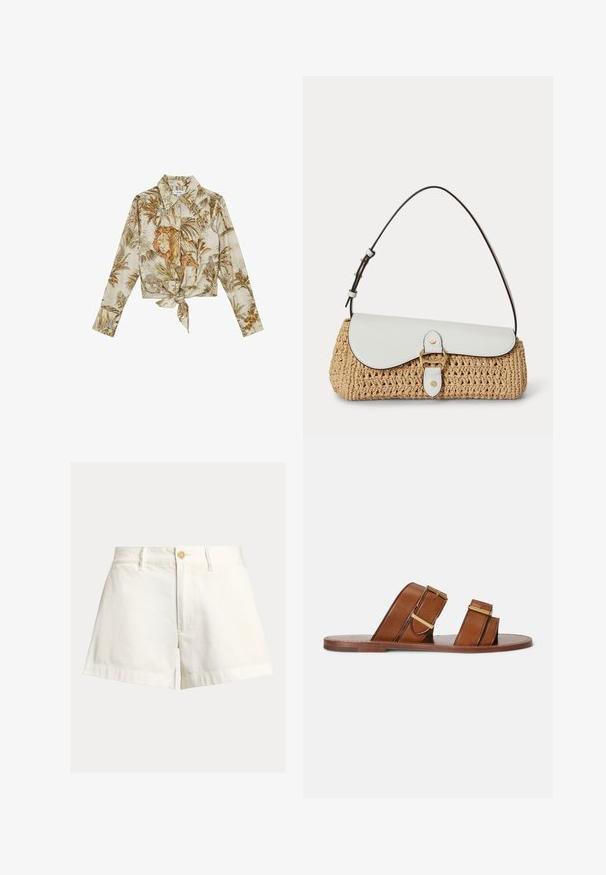 Beiges Langarmhemd mit Knopfleiste und gebundener Vorderseite, mit detailliertem tropischem Print von Löwe, Giraffe, Leopard und Palmblättern in Brauntönen.; Weiße Baumwollshorts mit lockerem Schnitt, ausgestattet mit einem Knopfverschluss, geradem Bein und umgeschlagenem Saum. Schlichtes Design ohne Muster oder Akzente.; Braune Ledersandalen zum Hineinschlüpfen mit zwei verstellbaren Riemen, goldfarbenen Schnallen und einer flachen Holzsohle.; Geflochtene Strohtasche mit weißer Lederklappe, goldener Schnalle und verstellbarem dunkelbraunem Schulterriemen auf weißem Hintergrund.