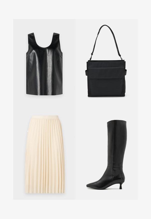 Schwarzes ärmelloses Oberteil aus glänzendem, strukturiertem Material mit rundem Halsausschnitt und seitlichen Taschen, das ein minimalistisches Design aufweist.; Cremefarbener plissierter Midirock mit tailliertem Bund, der gerade vor einem einfarbigen Hintergrund hängt.; Zign Stiefel - black; Schwarze Schultertasche aus Stoff mit einer flachen Fronttasche, verstellbarem Riemen und minimalistischer Gestaltung. Glatte Textur ohne Muster.