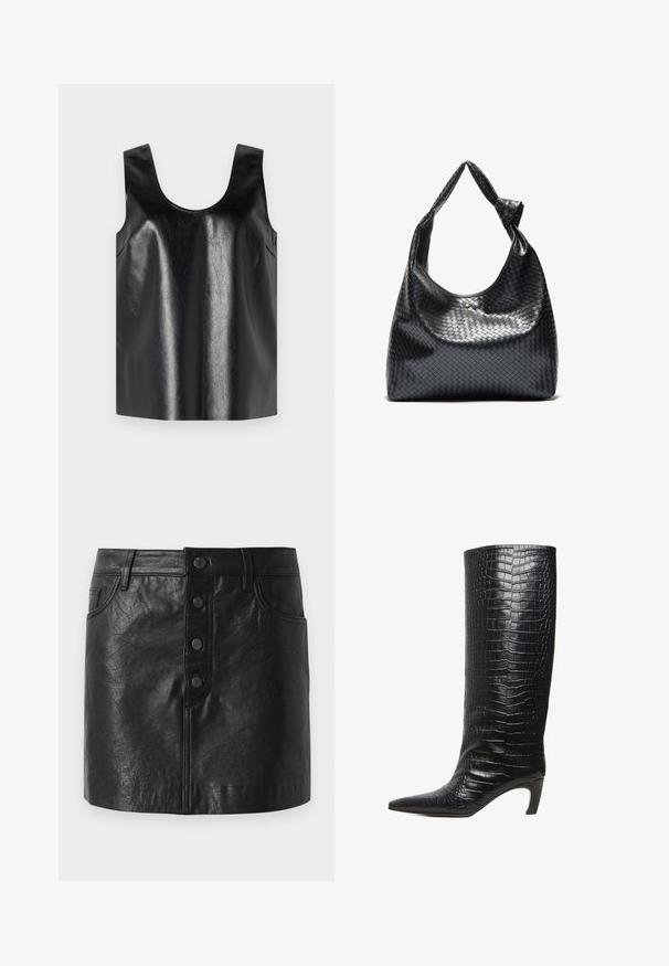 Sort ærmeløs top lavet af skinnende, struktureret materiale med rund halsudskæring og sidelommer, med et minimalistisk design.; Sort lædernederdel med høj talje, knaplukning foran, to sidelommer og en let A-formet silhuet. Tekstureret finish.; Sort knehøj støvle med spids tå, mellemhøj buet hæl og tekstureret læder med krokodillemønster.; Sort vævet lædertaske med en afslappet design, der har et knyttet rem og en lille dekorativ guldstud foran.