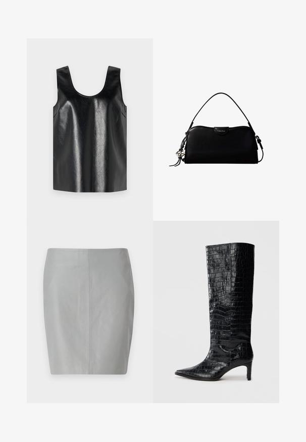 Top sans manches noir en matériau brillant et texturé, avec un col rond et des poches latérales, arborant un design minimaliste.; Jupe crayon en cuir gris avec une texture lisse, présentant un design simple et une couture centrale se prolongeant verticalement à l'arrière.; Bottes noires montantes, avec une texture brillante à motif crocodile, bout pointu et talon effilé. Matériau synthétique lisse.; Sac à main rectangulaire noir Calvin Klein avec une seule sangle supérieure, un charm logo argenté et une petite fermeture à rabat sur le devant.