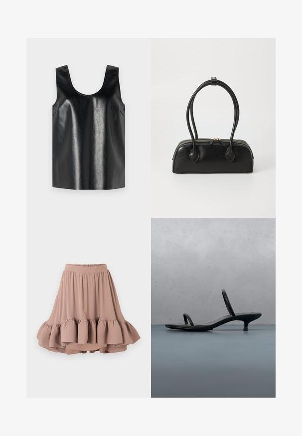 Sort ærmeløs top lavet af skinnende, struktureret materiale med rund halsudskæring og sidelommer, med et minimalistisk design.; Lys brun knælang nederdel lavet af blødt stof, med en bred talje og en flagrende, lagdelt volangkant. Glat tekstur hele vejen igennem.; Sort Calvin Klein sandal med hæl og tynde stropper, balancerende på træfliser udendørs nær en væg og grønne planter.; Sort læder håndtaske med to langstrakte håndtag, lynlåslukning og afrundet form; glat tekstur med en subtil blank finish.