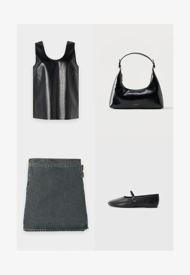 Zwarte mouwloze top van glanzend, gestructureerd materiaal met een ronde halslijn en zijzakken, met een minimalistisch ontwerp.; Denim wikkelrok in donkerblauw met een gemarmerde oppervlakte, voorzien van twee zijgespen en een rechte zoom. Gestikte naden zichtbaar langs de randen.; Zwarte leren balletschoenen met een spitse neus, platte zool en een kleine strap met een zilveren gespsluiting.; Zwarte glanzende Calvin Klein handtas met gouden rits en korte band tegen een effen witte achtergrond.