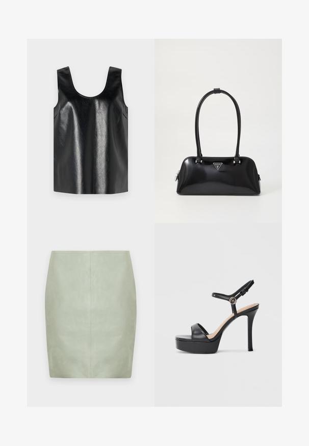 Top sans manches noir en matériau brillant et texturé, avec un col rond et des poches latérales, arborant un design minimaliste.; Mini jupe en cuir vert menthe à coupe slim, avec un design épuré et une couture centrale au dos. Texture lisse, sans accessoires visibles.; Sandales à plateforme noires avec un talon haut stilettos, dotées d'une tige en cuir lisse, d'un bout ouvert et d'une bride de cheville ajustable avec ferrures.; Sac à main noir brillant avec une silhouette incurvée, deux poignées et une plaque logo à l'avant. Fermeture éclair et accents en matériel brillant.