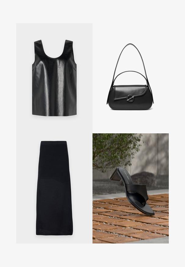 Sort ærmeløs top lavet af skinnende, struktureret materiale med rund halsudskæring og sidelommer, med et minimalistisk design.; Sort midi nederdel lavet af struktureret mesh materiale med en tætsiddende talje og lige snit, prydet med en ensfarvet farve uden mønstre.; Sort Calvin Klein hælet sandal med tå-loop på trægulv udendørs nær et træ og en stenmur.; Sort skuldertaske i læder med en buet klap, der er fastgjort med en rund metal spænde, og en slank, justerbar rem.