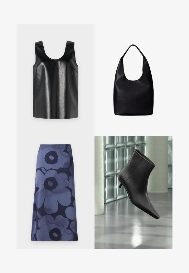 Schwarzes ärmelloses Oberteil aus glänzendem, strukturiertem Material mit rundem Halsausschnitt und seitlichen Taschen, das ein minimalistisches Design aufweist.; Blumenbedruckter Midi-Rock mit großen dunkelblauen Blumen auf einem helleren blauen Hintergrund; der Stoff wirkt glatt mit einer leicht glänzenden Textur.; Schwarzer Leder-Knöchelstiefel mit spitzer Spitze und kleinem Absatz vor einer Wand aus Glasbausteinen und einem polierten Boden.; Schwarze Leder-Shopper-Tasche mit einem breiten einzelnen Schulterriemen und einem dezenten Calvin Klein-Logo in der unteren Mitte.