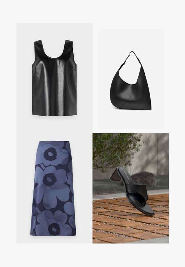 Top negro sin mangas hecho de un material brillante y texturizado, con un escote redondo y bolsillos laterales, presentando un diseño minimalista.; Falda midi con estampado floral que presenta grandes flores azul oscuro sobre un fondo azul más claro; la tela parece suave con una textura ligeramente brillante.; Sandalia de tacón negra de Calvin Klein con lazo en el dedo sobre un suelo de baldosas de madera al aire libre, cerca de un árbol y un muro de piedra.; Bolso de hombro de cuero negro con forma triangular curva, una única correa ajustable y una costura diagonal visible en el frente.