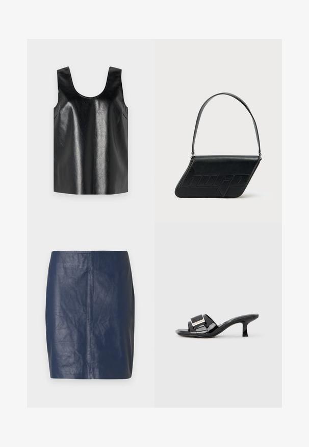 Sort ærmeløs top lavet af skinnende, struktureret materiale med rund halsudskæring og sidelommer, med et minimalistisk design.; Marineblå mininederdel i læder med en glat tekstur, lige snit og minimale syningsdetaljer på siderne.; Sorte mules i laklæder med åben tå, brede remme, metallisk detalje og lav firkantet hæl. Glat tekstur med en blank finish.; Sort skuldertaske i læder med trekantet form, præget logo og en enkelt justerbar rem. Minimalistisk design med glat tekstur.