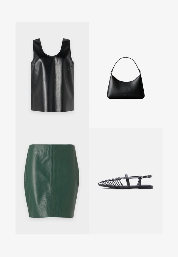 Top negro sin mangas hecho de un material brillante y texturizado, con un escote redondo y bolsillos laterales, presentando un diseño minimalista.; Minifalda de cuero verde con una textura suave y forma ajustada. Presenta un diseño sin costuras y sin cierres o herrajes visibles.; Sandalia plana negra con múltiples tiras delgadas, correa con hebilla en el tobillo y diseño de jaula con punta abierta sobre fondo blanco.; Bolso de mano de cuero negro Calvin Klein con asa corta y cremallera dorada, mostrado sobre un fondo blanco.