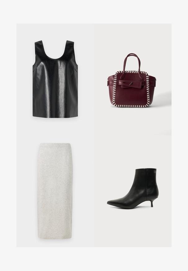 Top sans manches noir en matériau brillant et texturé, avec un col rond et des poches latérales, arborant un design minimaliste.; Jupe crayon en tricot gris clair, avec une texture lisse et un design ajusté, ourlée en bas avec une taille légèrement extensible.; Bottine en cuir noir avec bout pointu et petit talon kitten sur fond clair, vue côté extérieur.; Sac à main en cuir bordeaux avec bordure blanche cousue, doubles poignées et rabat avant sécurisé par une fermeture à épingle argentée.