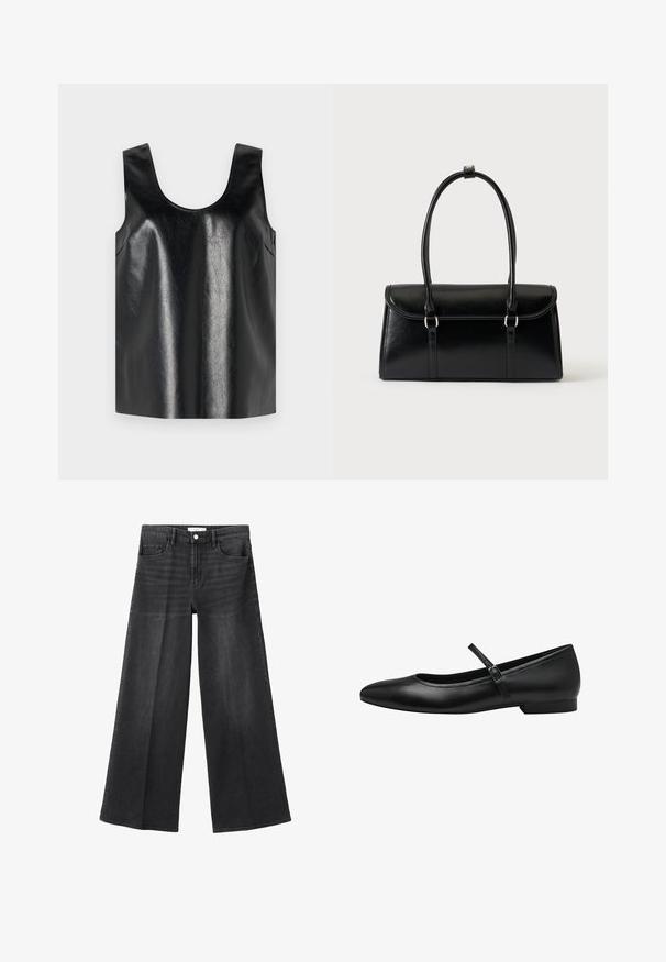 Sort ærmeløs top lavet af skinnende, struktureret materiale med rund halsudskæring og sidelommer, med et minimalistisk design.; Sorte denimjeans med vide ben og højtaljet pasform, med fem lommer, knaplukning og diskrete slidte detaljer for tekstur.; Sorte læder balletflade med rund tå, en enkelt rem over vristen og en lav, rektangulær hæl. Glat tekstur.; Sort rektangulær læderhåndtaske med klaplukning og to lange håndtag mod en ensfarvet hvid baggrund.